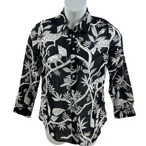 Talbots M Shirt Tropical Panther Jungle Cat Print Sheer Blouse Black White Top